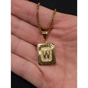 Vintage Gold Tone Initial W Reversible Pendant Necklace Monogram 90s Retro